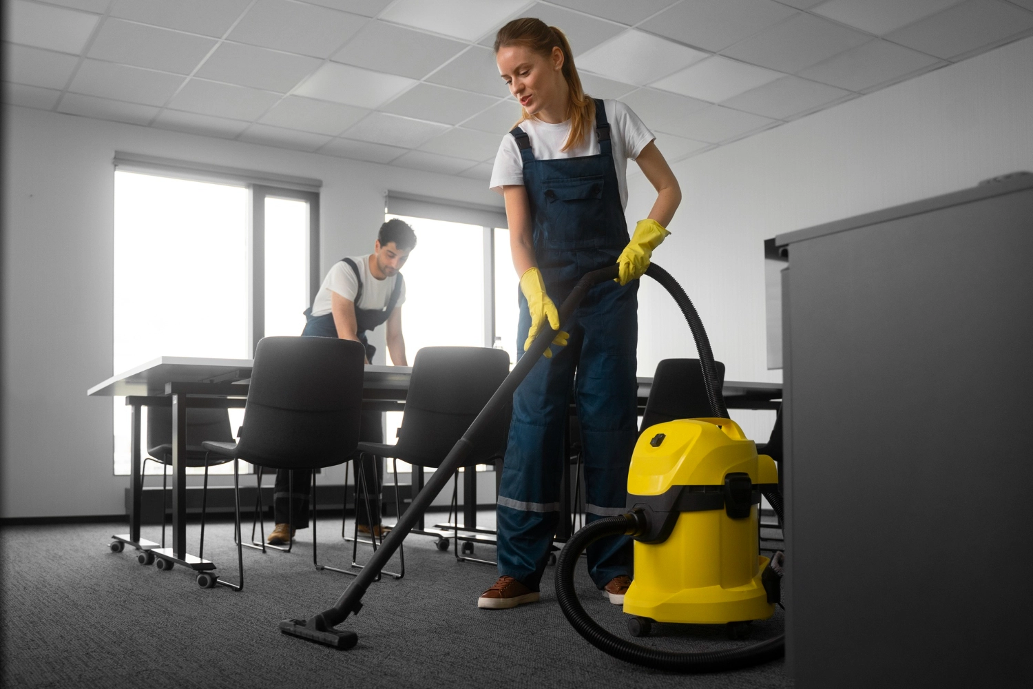 Simply Clean Niederrhein - Professionelle Reinigung - Zwei professionelle Reinigungskräfte in Uniformen – eine Frau im Vordergrund, die einen gelben Industriesauger benutzt, und ein Mann im Hintergrund, der einen Tisch abwischt – arbeiten zusammen, um einen modernen, grau getönten Büroraum zu reinigen.